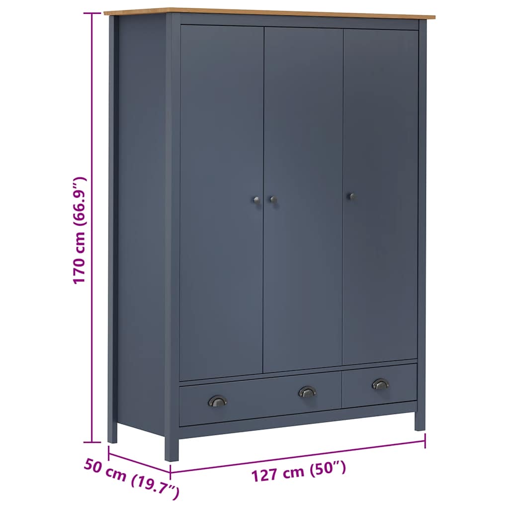 Roupeiro 3 portas Hill 127x50x170cm pinho maciço cinzento