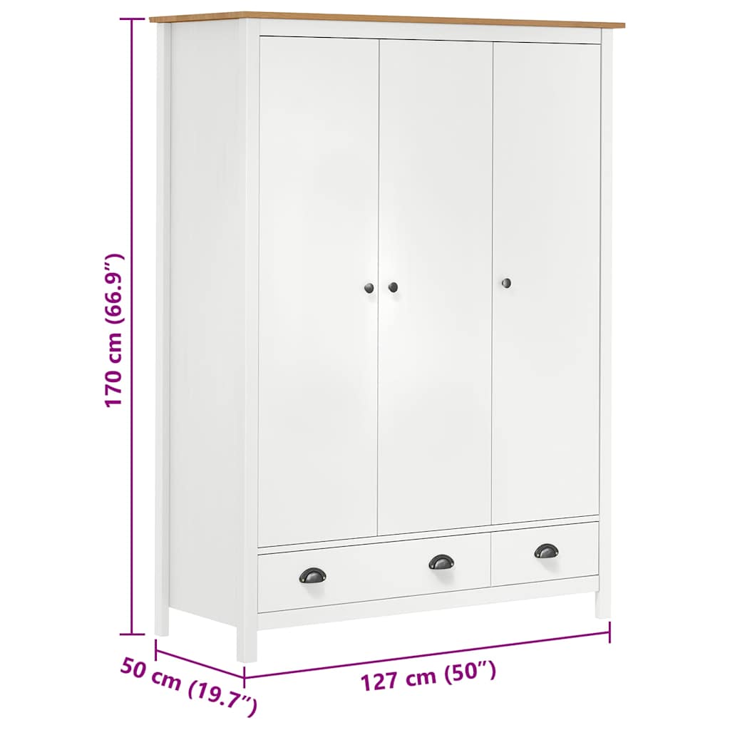 Roupeiro 3 portas Hill 127x50x170 cm pinho maciço branco