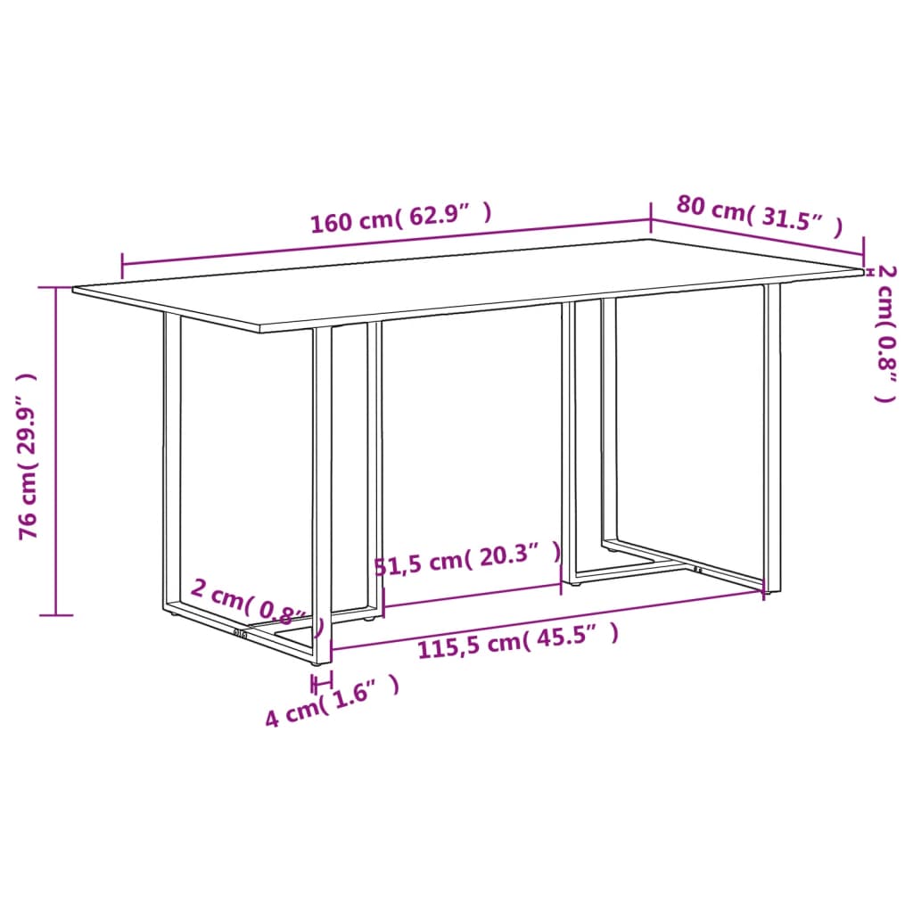 Mesa de jantar 160 cm madeira de mangueira áspera