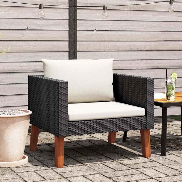 Sofá de jardim individual com almofadões vime PE preto