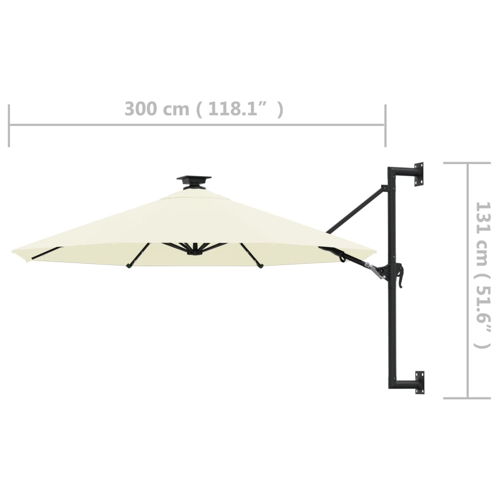 Guarda-sol para jardim de parede c/ luzes LED 300 cm areia