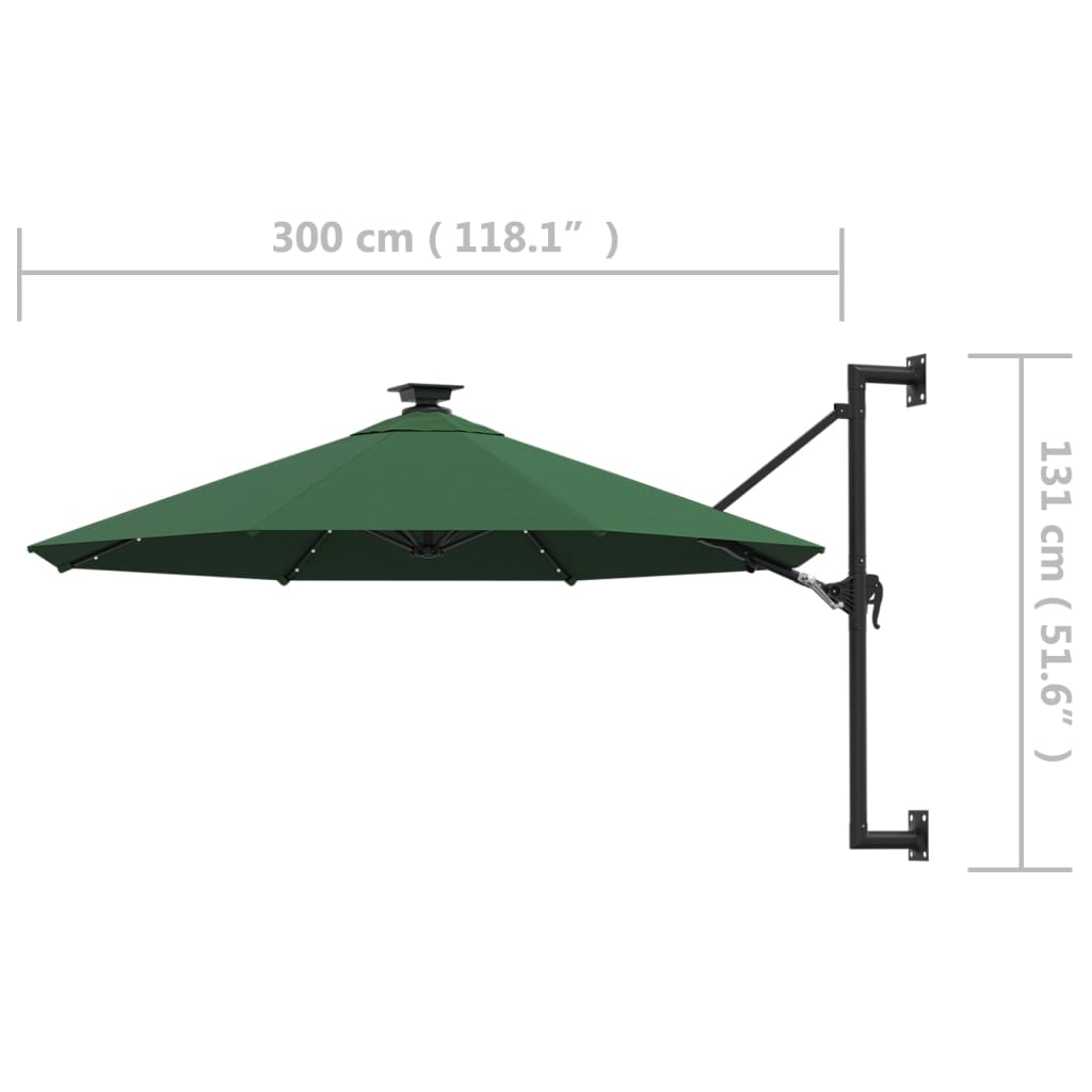 Guarda-sol para jardim de parede com luzes LED 300 cm verde