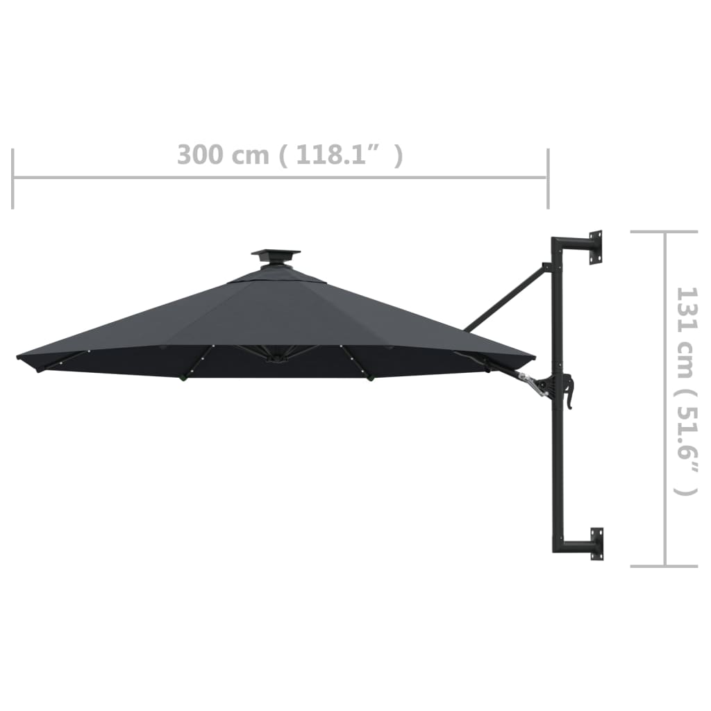 Guarda-sol para jardim de parede c/ luzes LED 300 cm antracite