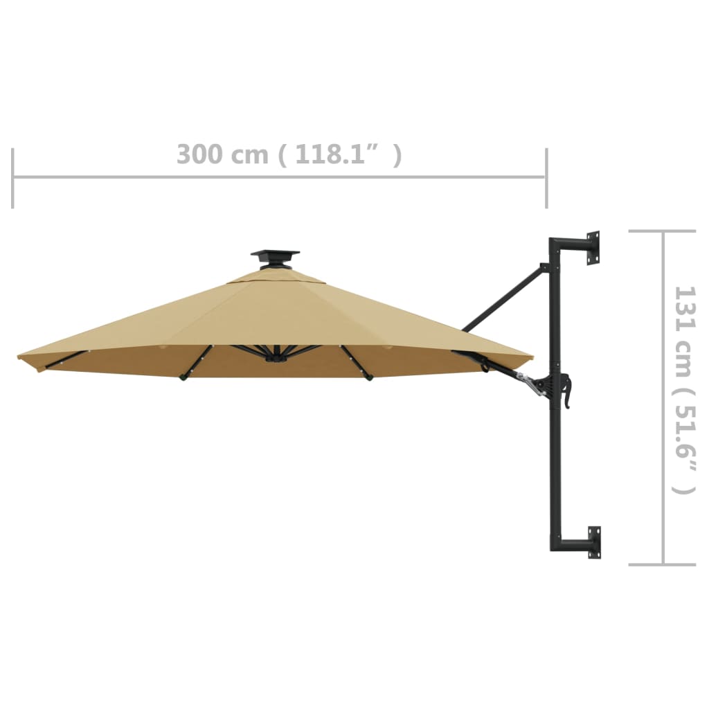 Guarda-sol p/ jardim parede c/ luz LED 300 cm cinza-acastanhado
