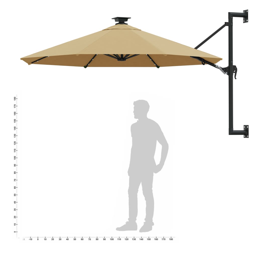 Guarda-sol p/ jardim parede c/ luz LED 300 cm cinza-acastanhado