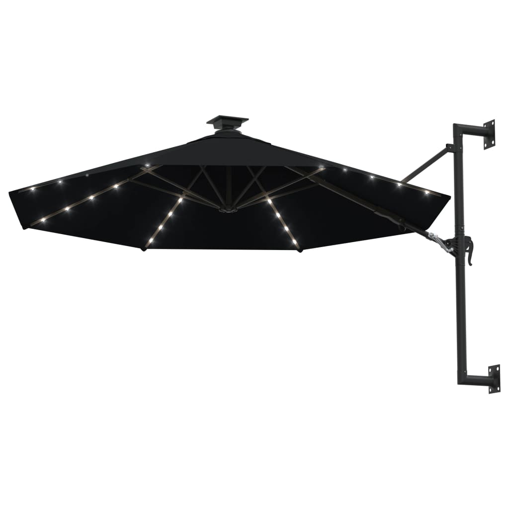 Guarda-sol para jardim de parede com luzes LED 300 cm preto