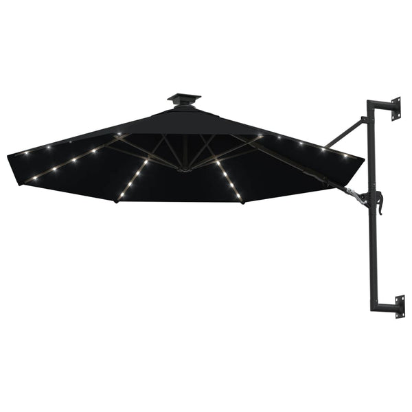 Guarda-sol para jardim de parede com luzes LED 300 cm preto