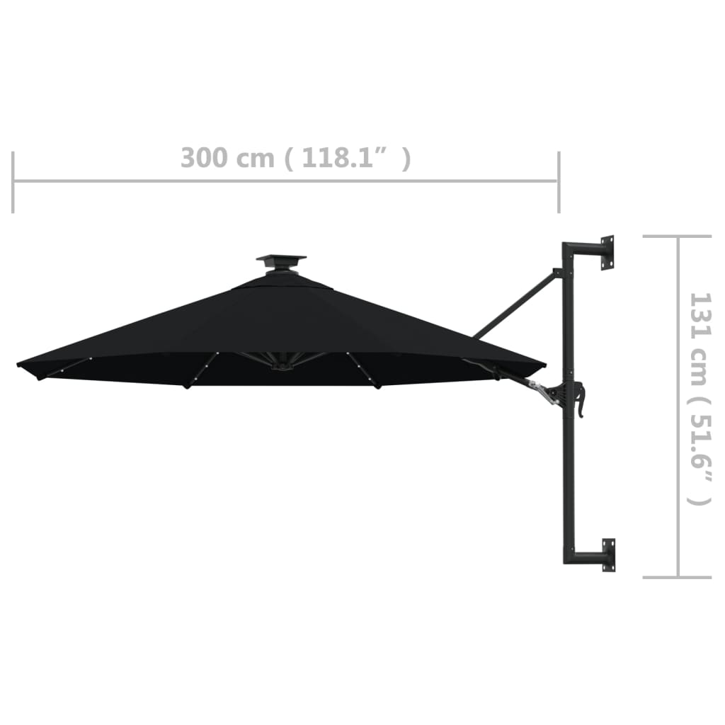 Guarda-sol para jardim de parede com luzes LED 300 cm preto