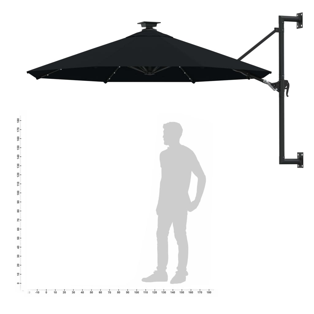 Guarda-sol para jardim de parede com luzes LED 300 cm preto