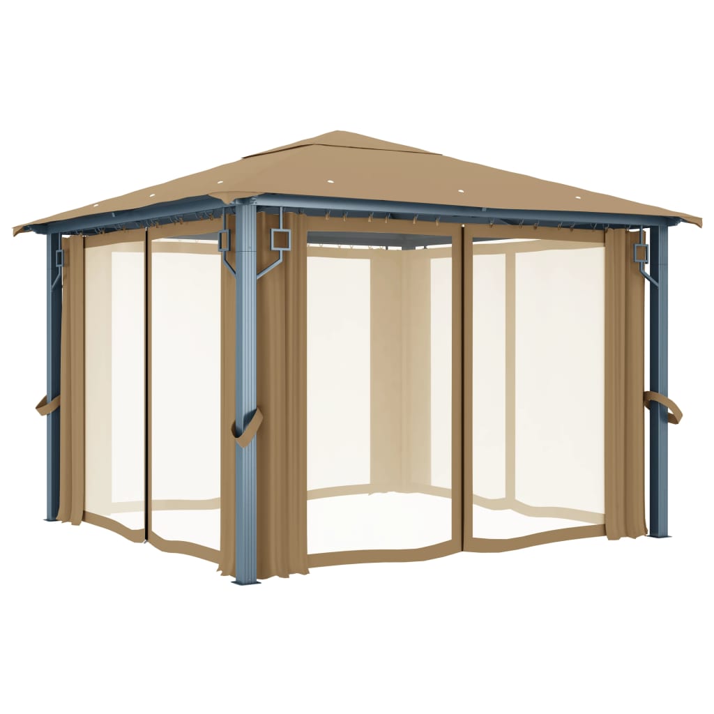 Gazebo com cortina 300x300 cm alumínio cinzento-acastanhado