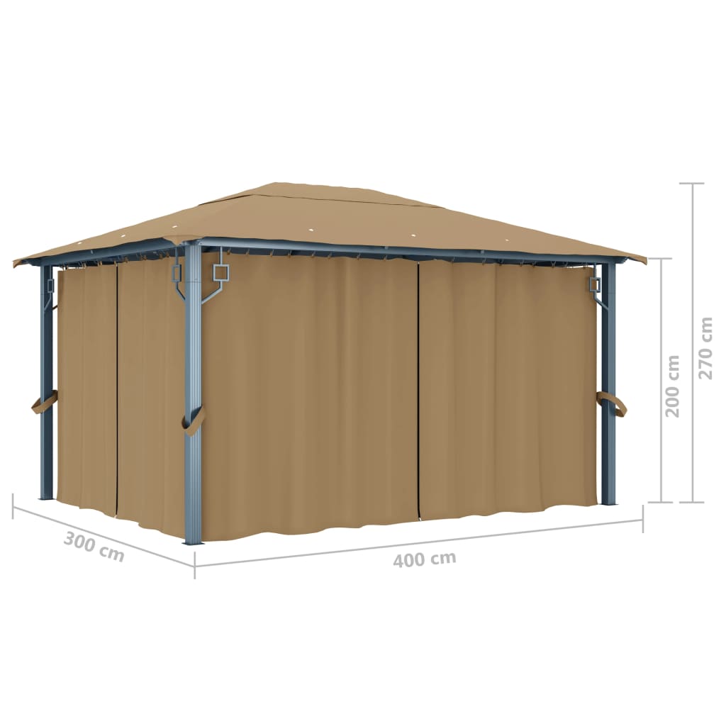Gazebo com cortina 400x300 cm alumínio cinzento-acastanhado