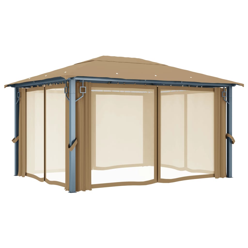 Gazebo com cortina 400x300 cm alumínio cinzento-acastanhado