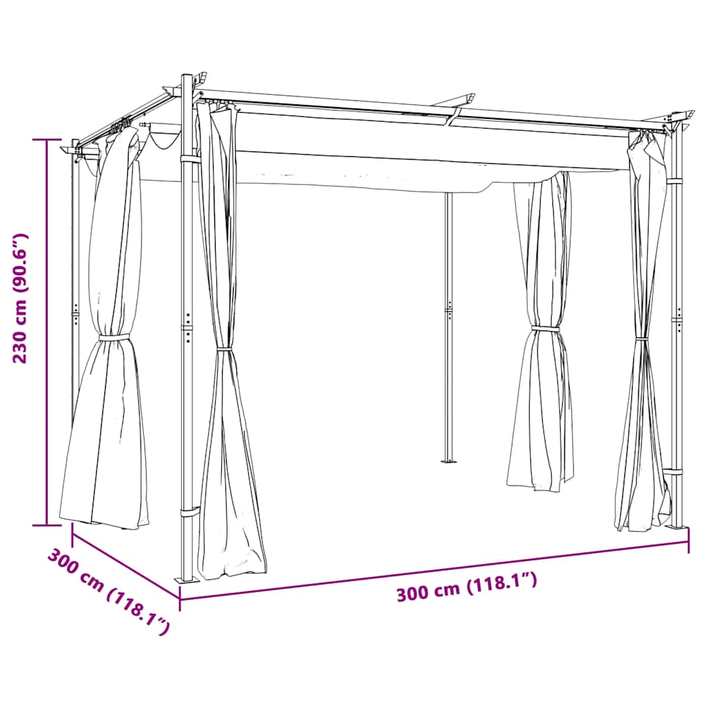 Gazebo com cortinas 3x3 m aço cinzento-acastanhado