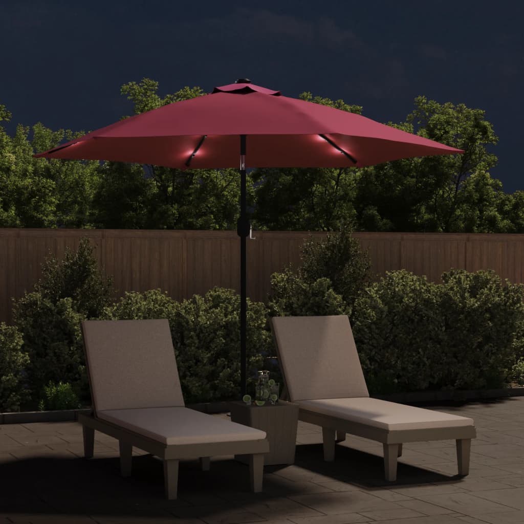 Guarda-sol de jardim c/ luzes LED e poste de aço 300 cm bordô