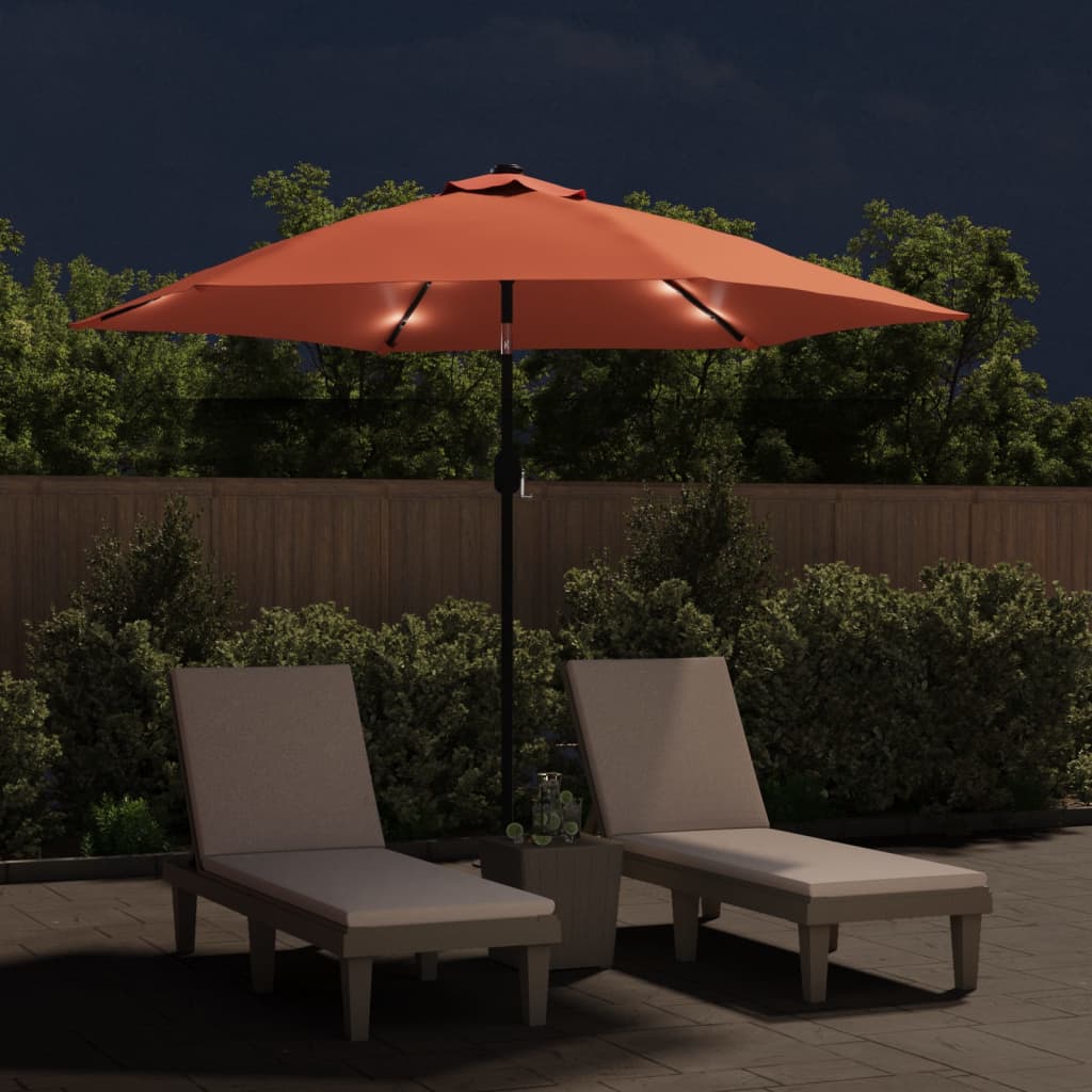 Guarda-sol de jardim c/ luzes LED e poste aço 300 cm terracota