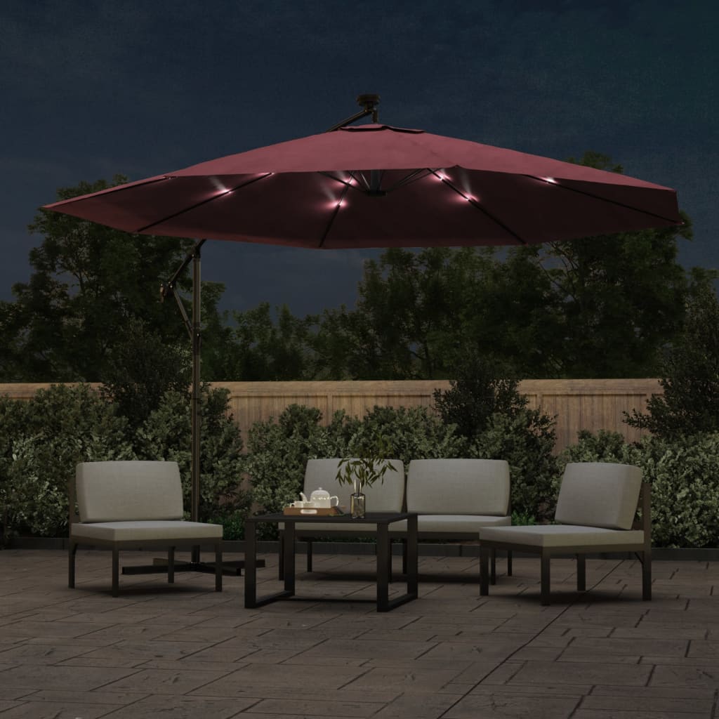 Guarda-sol de jardim cantilever com luzes LED 350 cm bordô