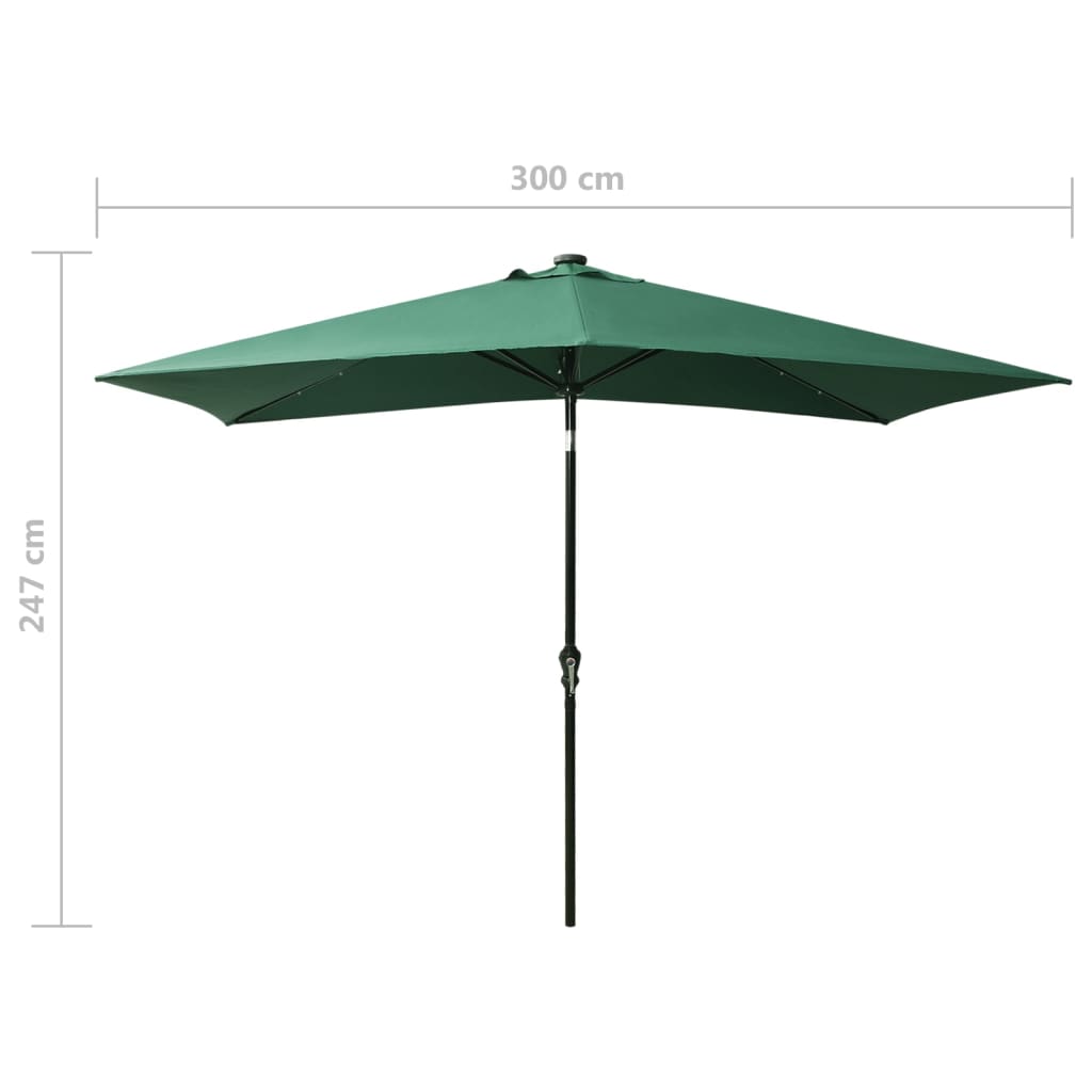 Guarda-sol de jardim com luzes LED e poste de aço 2x3 m verde