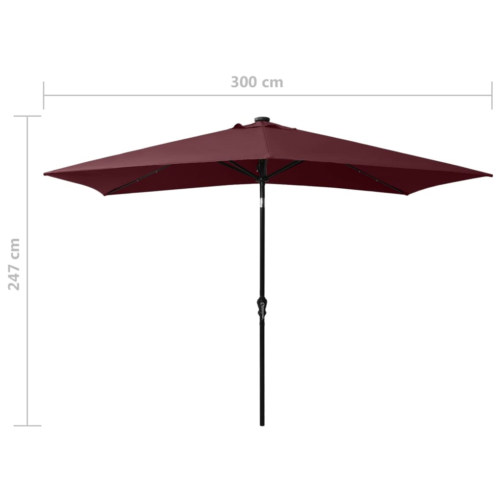 Guarda-sol de jardim com luzes LED e poste de aço 2x3 m bordô