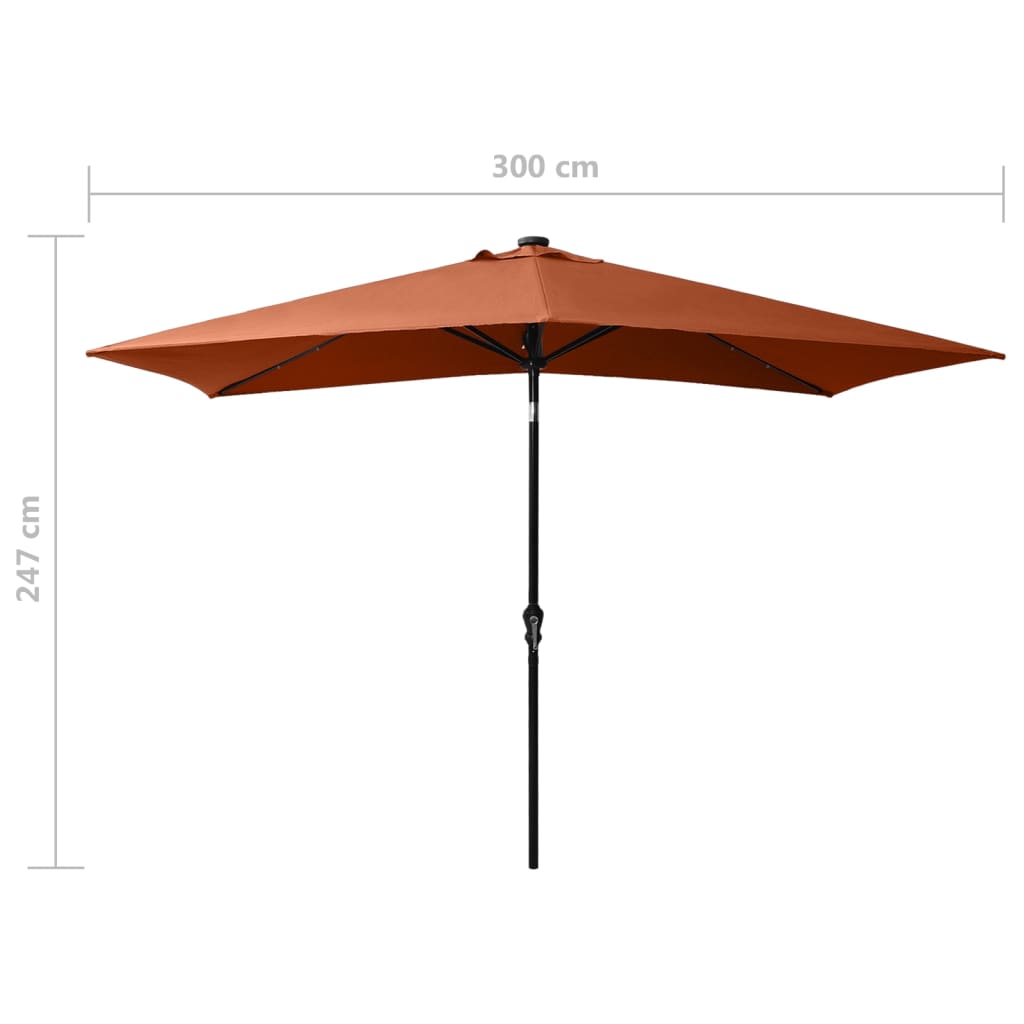 Guarda-sol de jardim c/ luzes LED e poste de aço 2x3m terracota