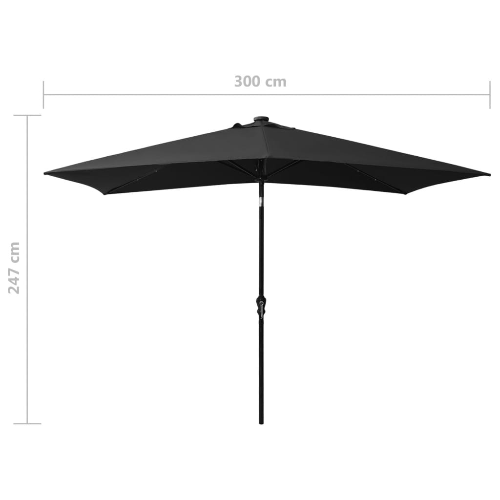 Guarda-sol de jardim com luzes LED e poste de aço 2x3 m preto