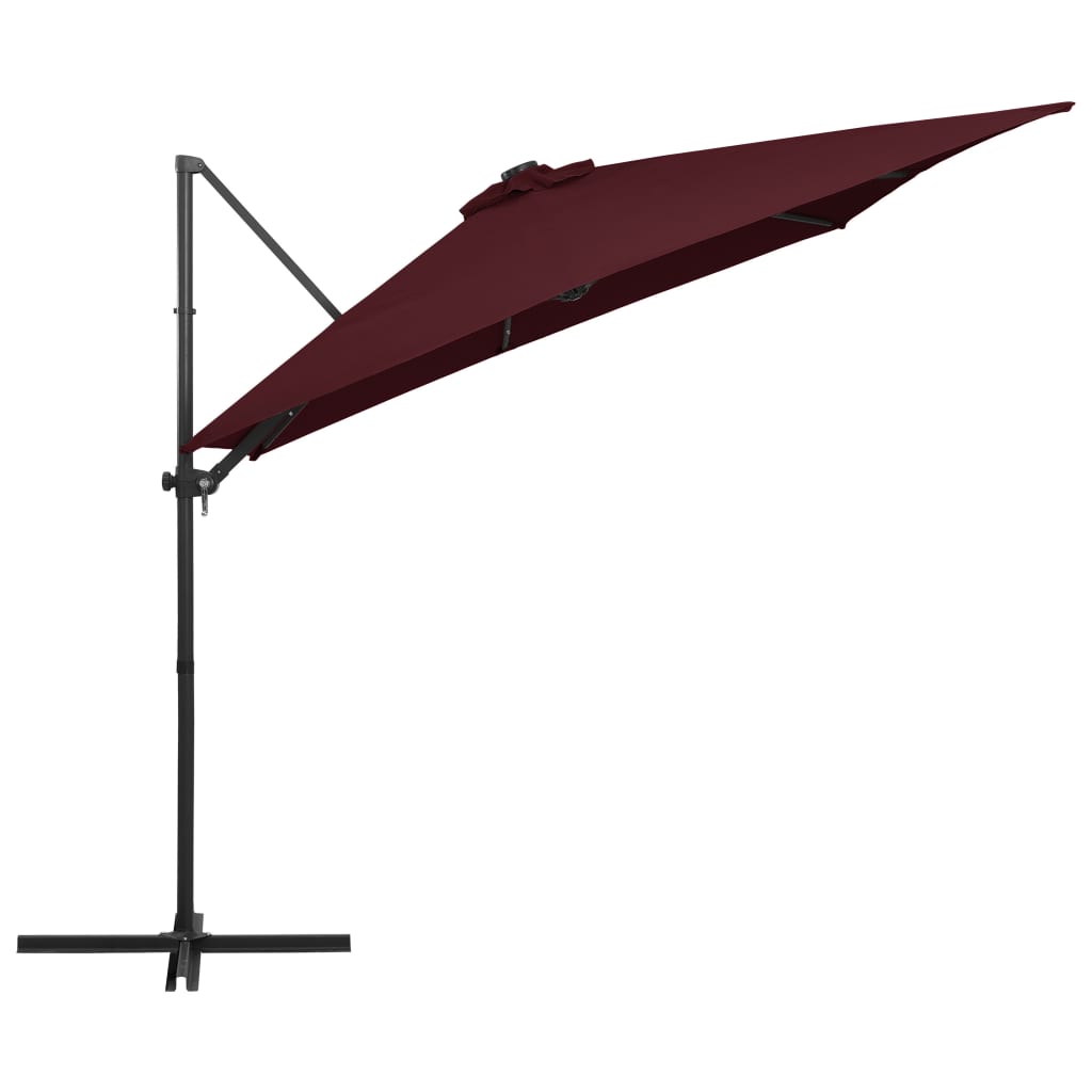 Guarda-sol de jardim cantilever c/ luzes LED 250x250 cm bordô