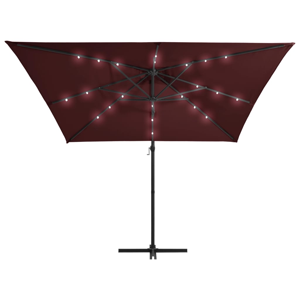 Guarda-sol de jardim cantilever c/ luzes LED 250x250 cm bordô