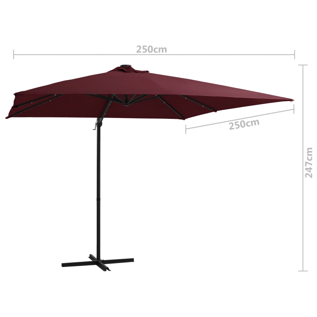 Guarda-sol de jardim cantilever c/ luzes LED 250x250 cm bordô