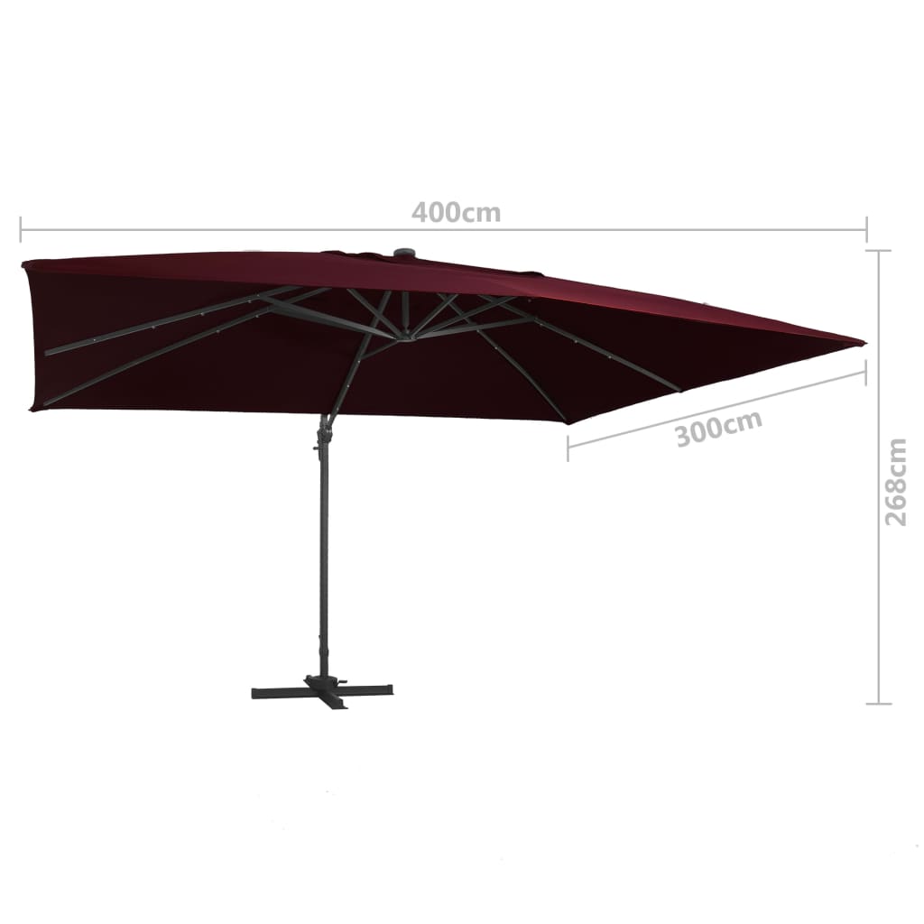 Guarda-sol de jardim cantilever c/ luzes LED 400x300 cm bordô