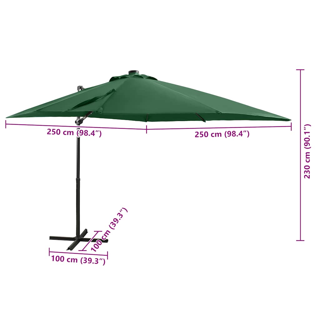 Guarda-sol jardim cantilever c/ poste e luzes LED 250 cm verde