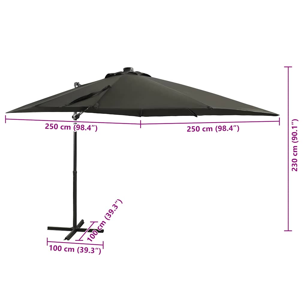 Guarda-sol jardim cantilever c/ poste/luzes LED 250cm antracite