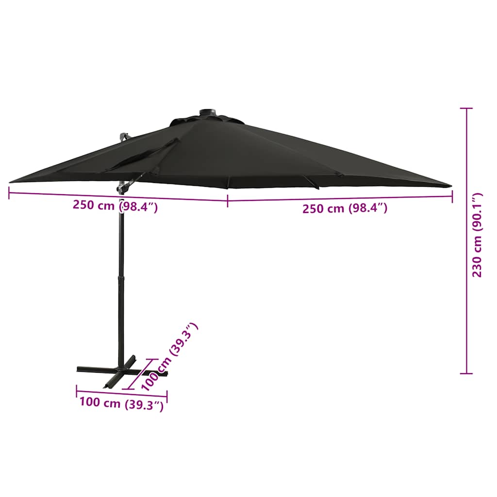 Guarda-sol jardim cantilever c/ poste e luzes LED 250 cm preto