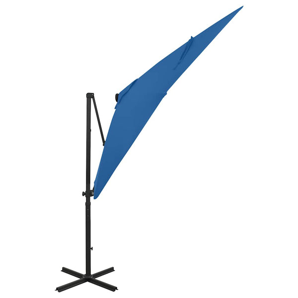 Guarda-sol jardim cantilever poste/luzes LED 250 cm azul-ciano