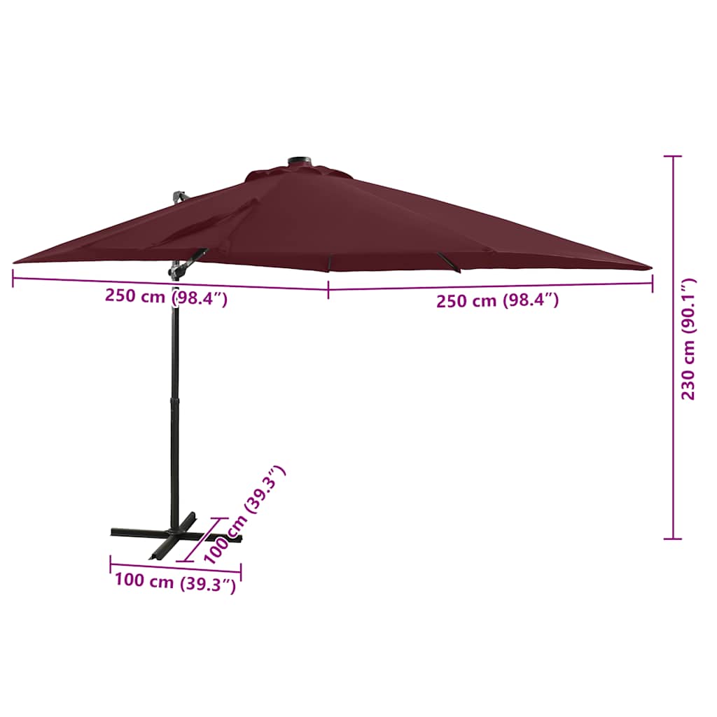 Guarda-sol de jardim com poste e luzes LED 250 cm bordô
