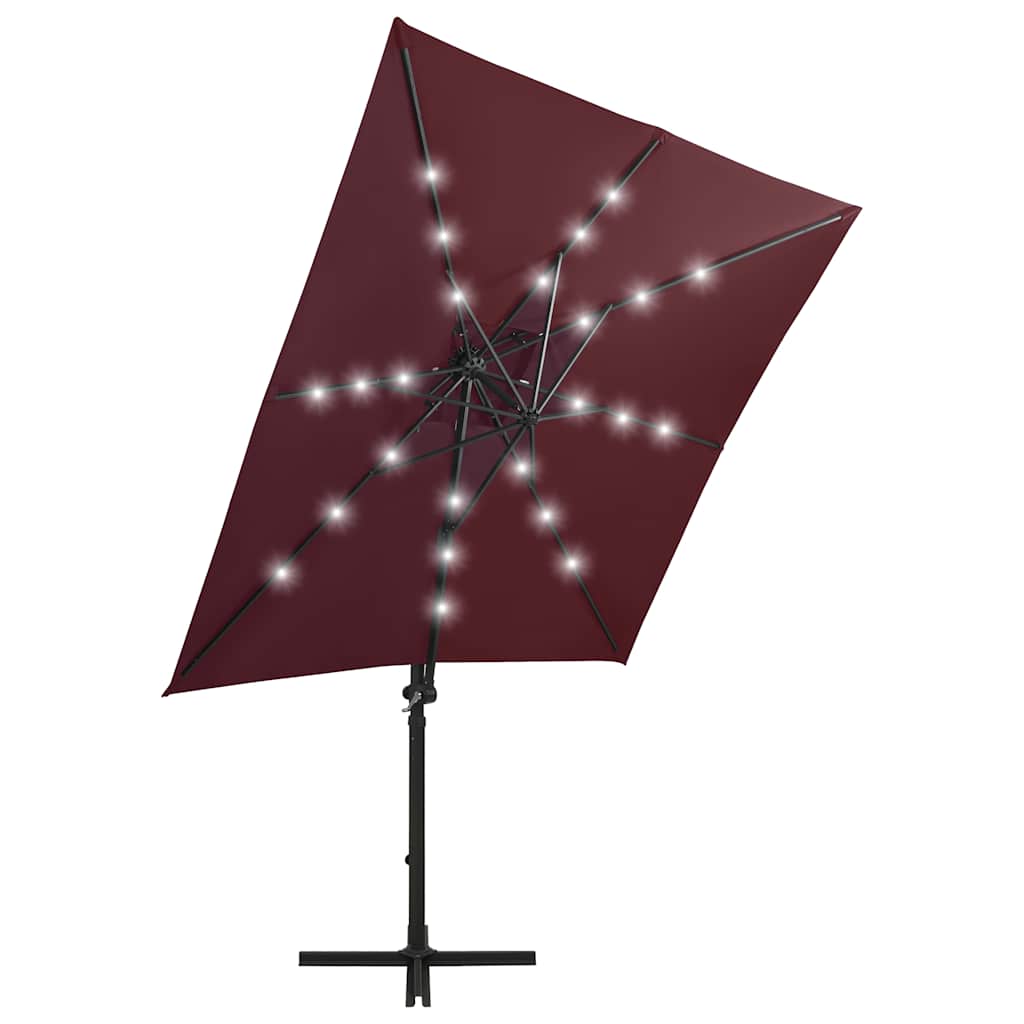 Guarda-sol de jardim com poste e luzes LED 250 cm bordô