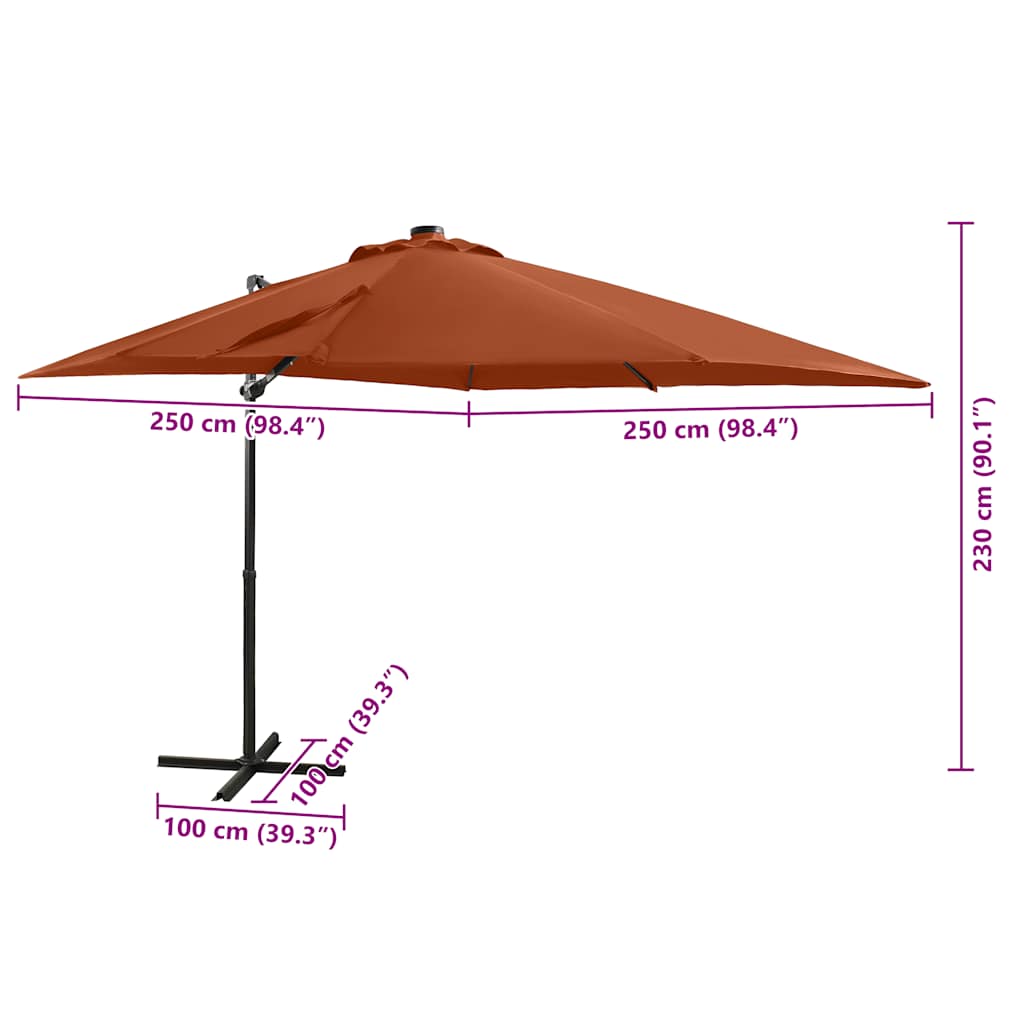Guarda-sol jardim cantilever poste/luzes LED 250 cm terracotta