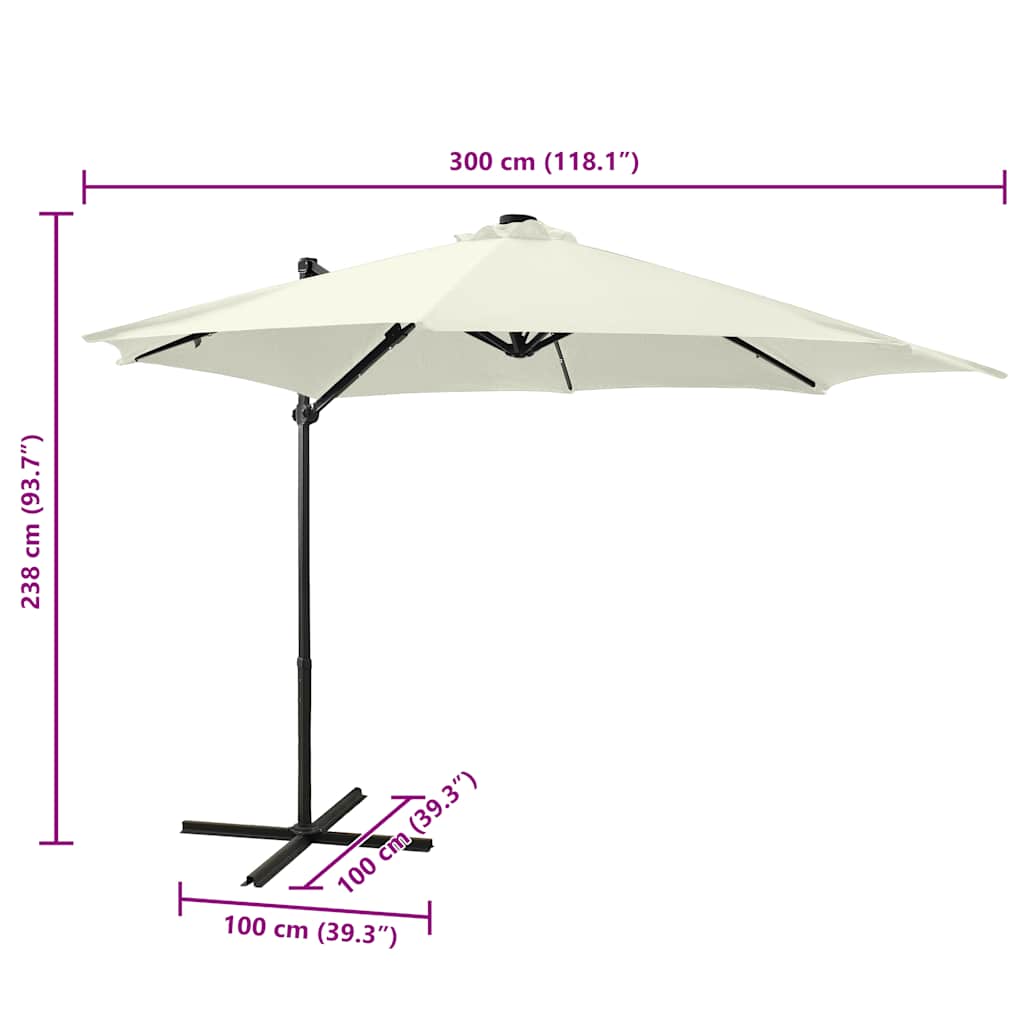Guarda-sol jardim cantilever c/ poste e luzes LED 300 cm areia