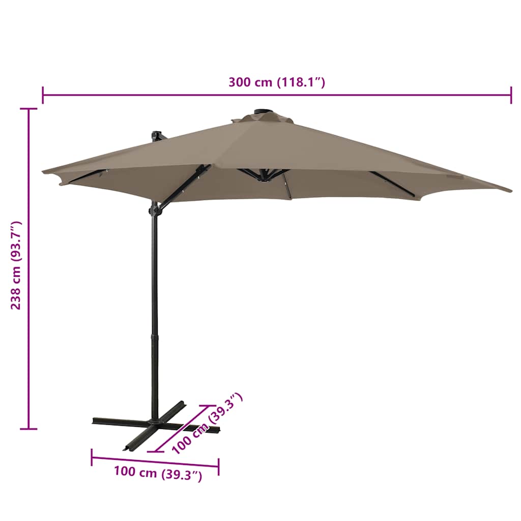Guarda-sol jardim c/ poste e luzes LED 300 cm cinza-acastanhado