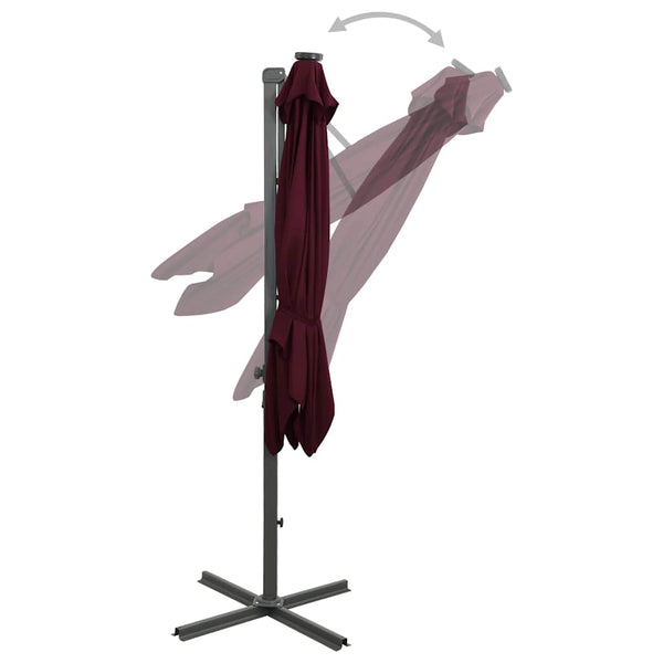 Guarda-sol jardim cantilever c/ poste e luzes LED 300 cm bordô
