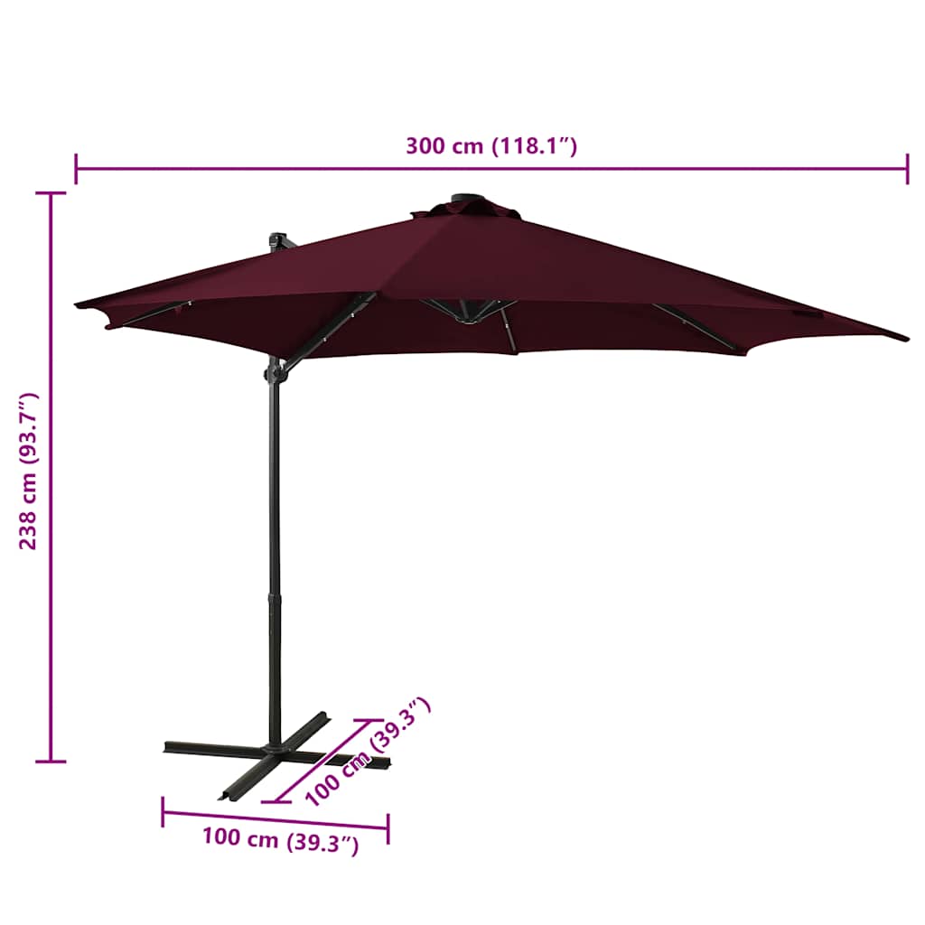 Guarda-sol jardim cantilever c/ poste e luzes LED 300 cm bordô