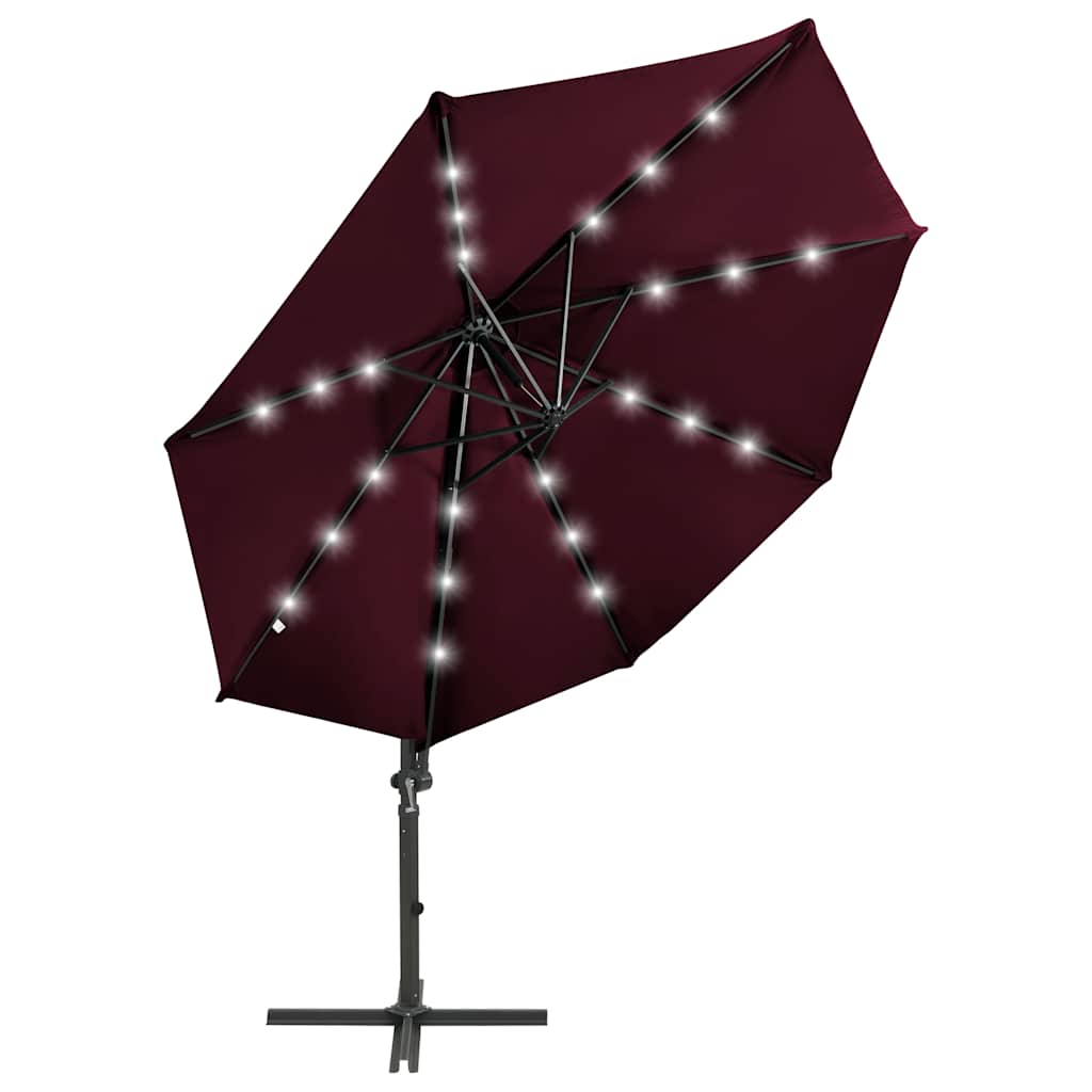 Guarda-sol jardim cantilever c/ poste e luzes LED 300 cm bordô