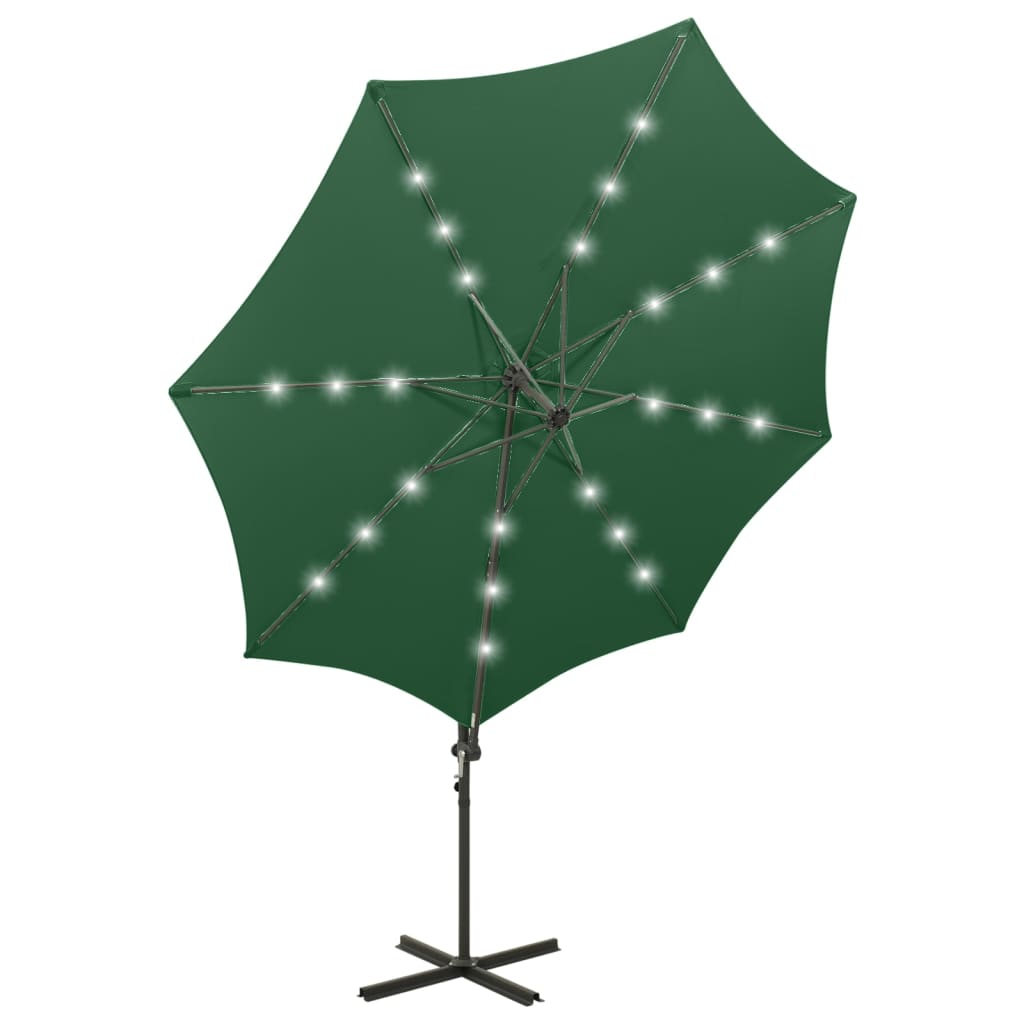Guarda-sol jardim cantilever c/ poste e luzes LED 300 cm verde