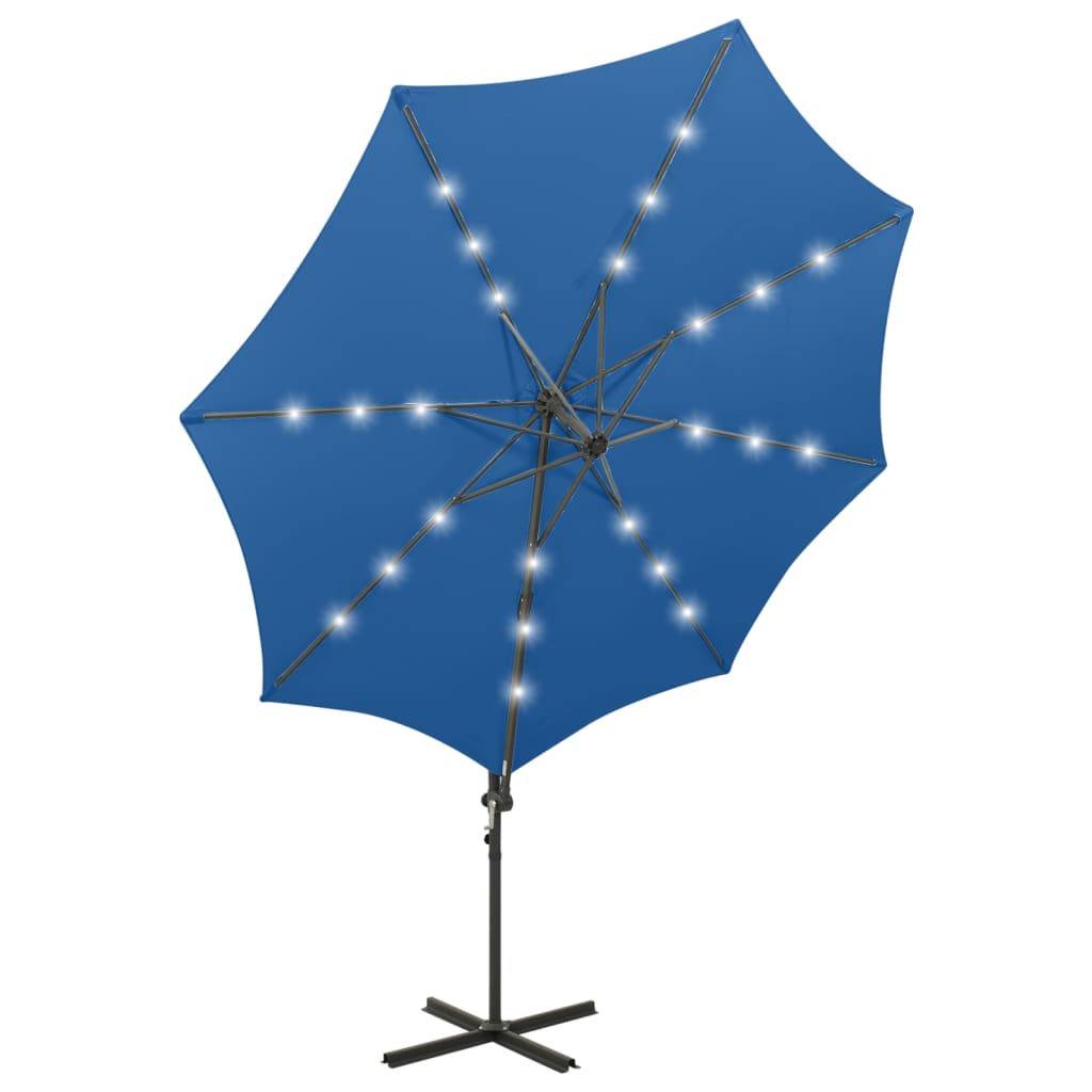 Guarda-sol jardim cantilever poste/luzes LED 300 cm azul-ciano
