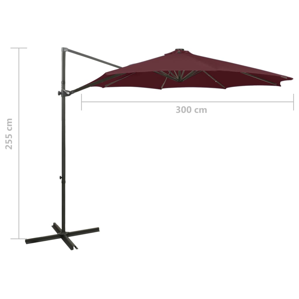 Guarda-sol jardim cantilever c/ poste e luzes LED 300 cm bordô