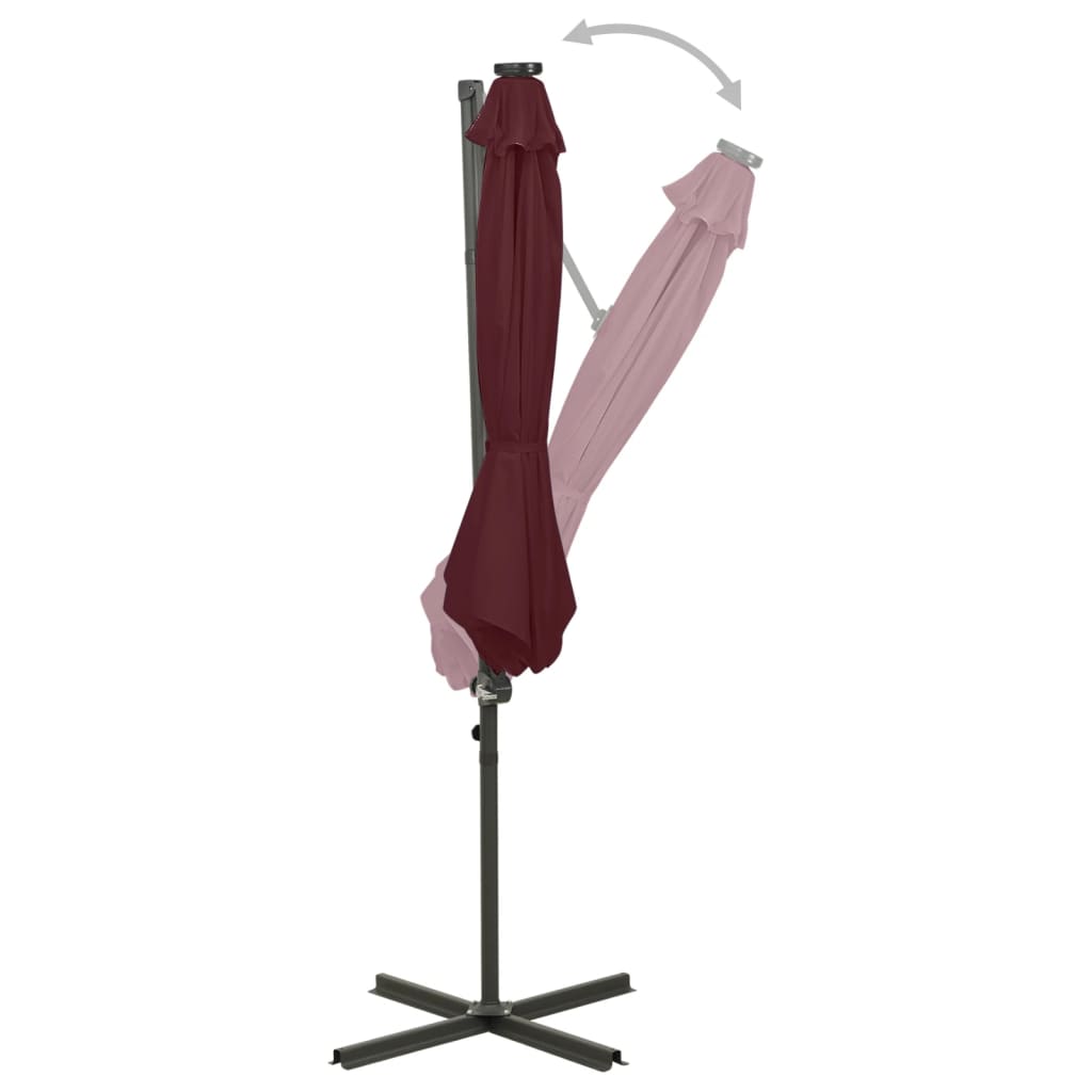 Guarda-sol jardim cantilever c/ poste e luzes LED 300 cm bordô
