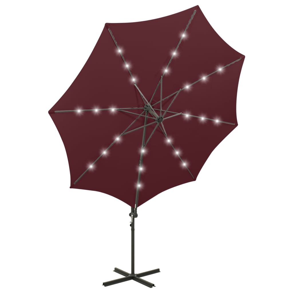 Guarda-sol jardim cantilever c/ poste e luzes LED 300 cm bordô