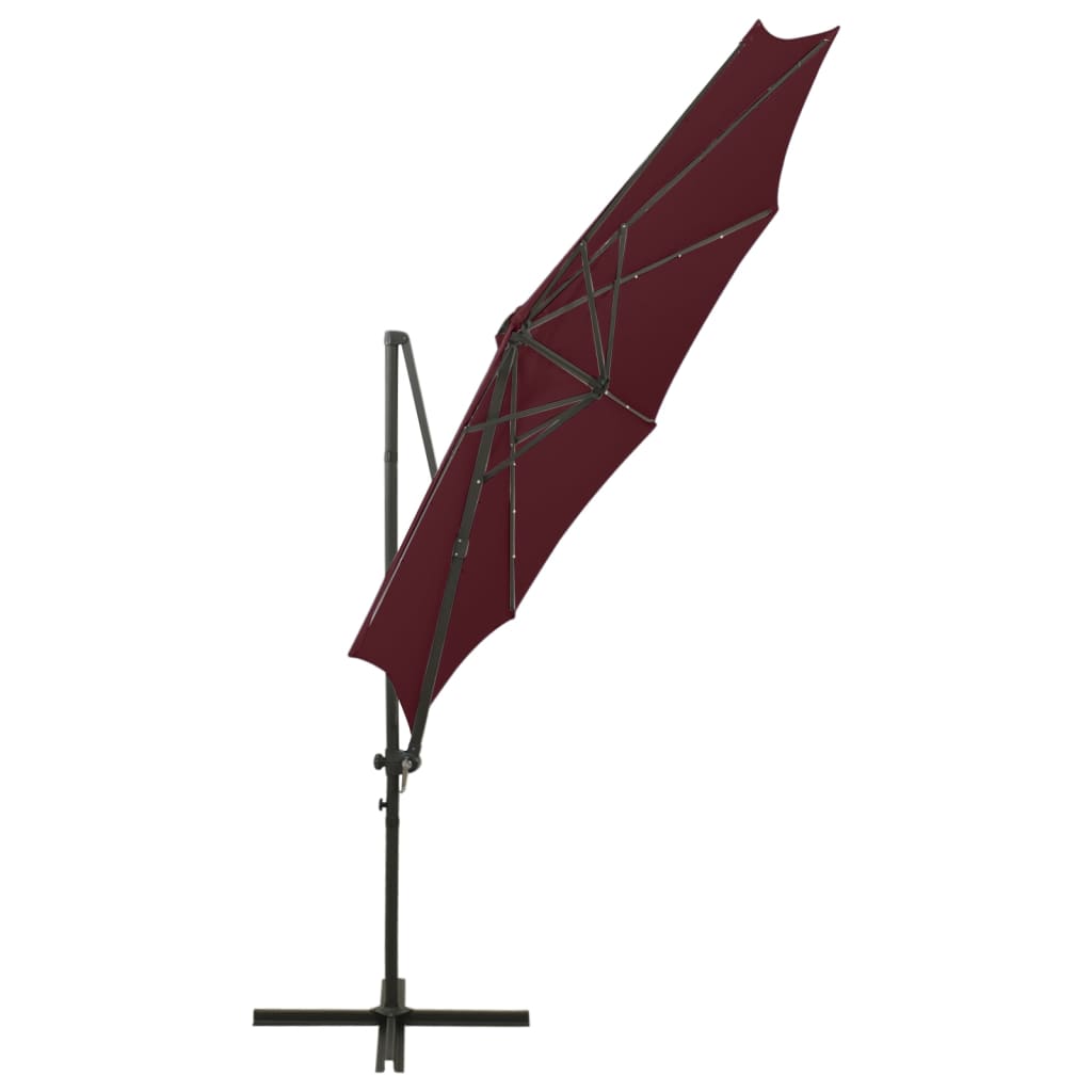 Guarda-sol jardim cantilever c/ poste e luzes LED 300 cm bordô