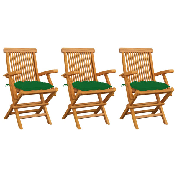 Cadeiras de jardim c/ almofadões verdes 3 pcs teca maciça