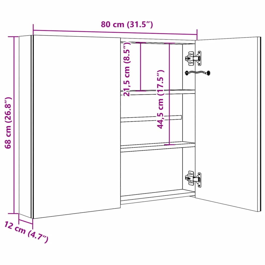 Armário espelhado para casa de banho com LED 80x12,2x68 cm