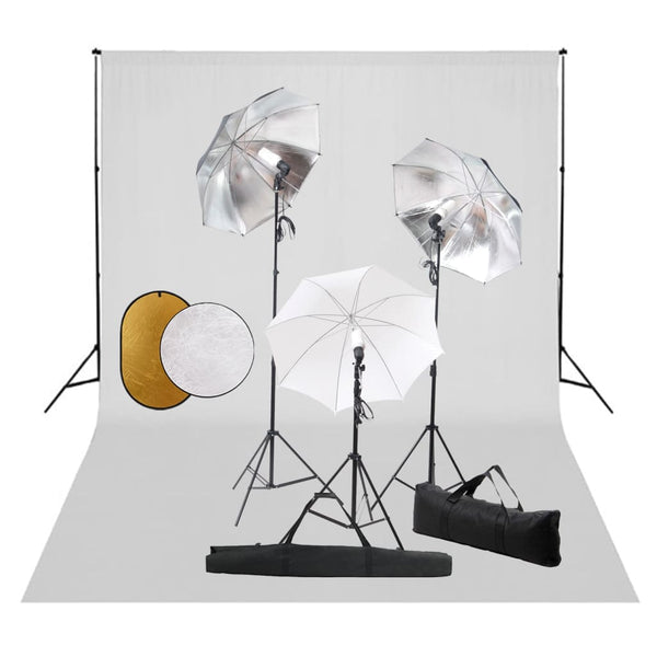 Kit estúdio fotográfico com lâmpadas/sombrinhas/fundo/refletor
