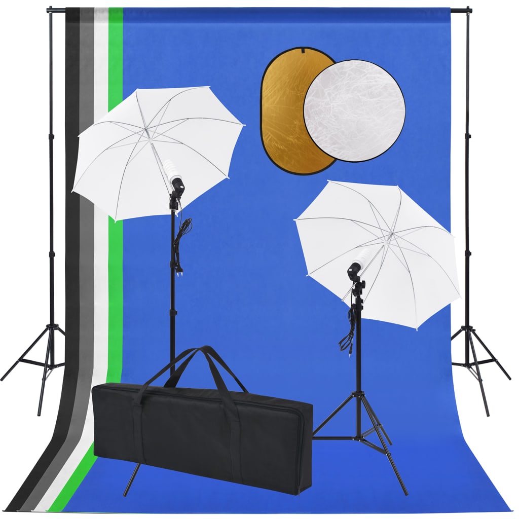 Kit estúdio fotográfico com lâmpadas/sombrinhas/fundo/refletor